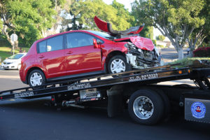 wrecked car on trailer - car accident lawyer - knapp injury law - tampa personal injury